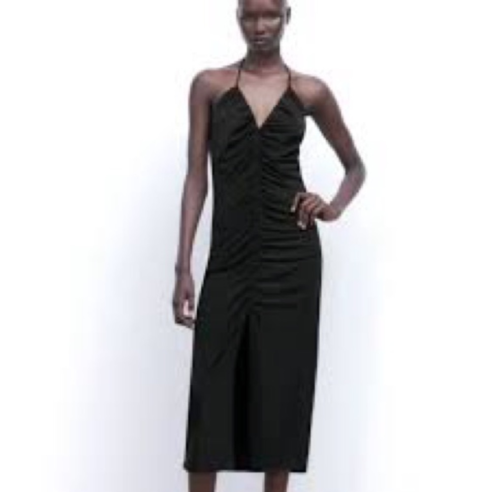 Zara Black Ruched Halter Midi Dress